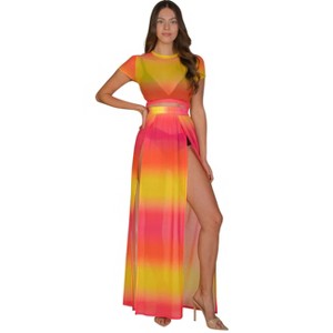 Slickblue Women's High Split Maxi Skirt, Sheer Mesh Jersey, Stretch Fit, Partywear Style, White/Yellow Multi, Size S-L - 1 of 4