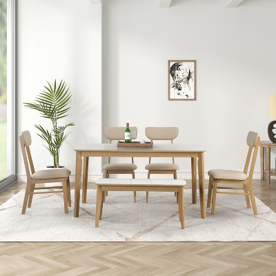 Oversart 6-piece Dining Table Set, One Table One Bench and Four Chairs, High Gloss White Tabletop With Light Oak Color