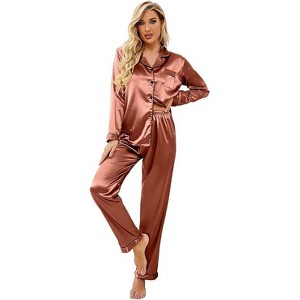 Ekouaer Women's Classic Button Down Long Satin Silk Pajama Set - 1 of 4