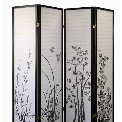 Vynxaria 70" Tall 4-Panel Screen / Room Divider, Floral Design with Black finish
