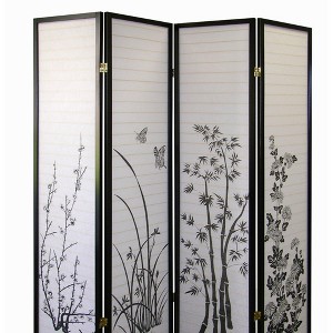 Vynxaria 70" Tall 4-Panel Screen / Room Divider, Floral Design with Black finish - 1 of 4