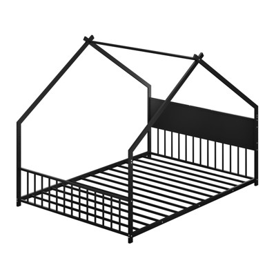 SEVOBAL Kids Furniture House Bed Full Size Roof with Metal Slats Legs and No Box Spring Needed for Kids and Young Teens, Black, 77.17"*14.96"*4.53"