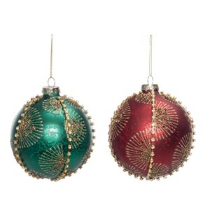 Transpac Glass Red/Green Ornament with Gold Glitter Detail set of 2 Christmas Home Decorations - 1 of 1