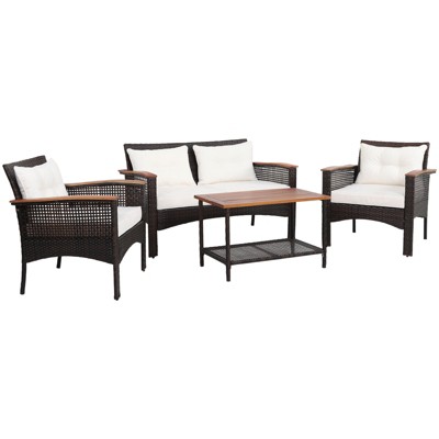 Tangkula 4PCS Rattan Patio Furniture Set Acacia Wood Outdoor Conversation Set w/ Cushions