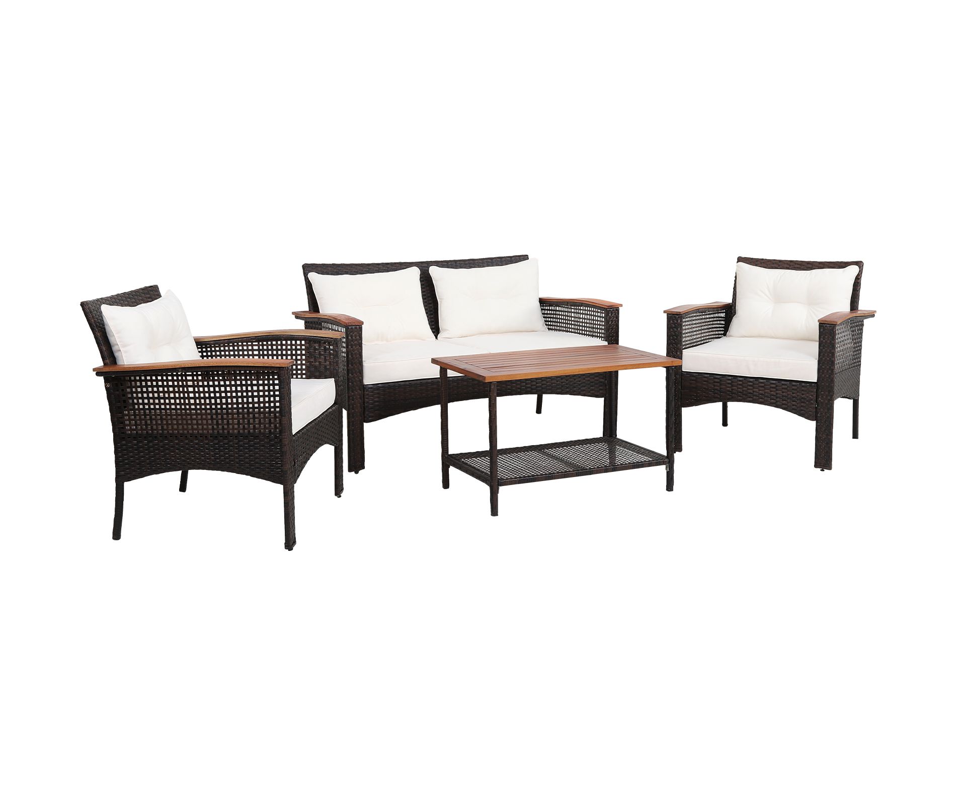 Tangkula 4PCS Rattan Patio Furniture Set Acacia Wood Outdoor Conversation Set w/ Cushions