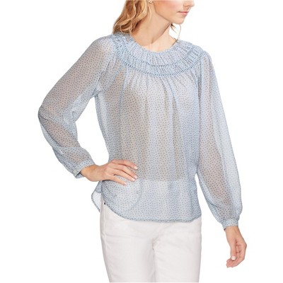 Vince Camuto Womens Smocked Sheer Pullover Blouse