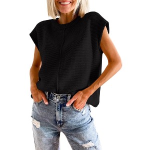 BLUEMING Womens Tank Tops Cap Sleeves Casual Crew Neck Loose Fit Knit Lightweight Pullover Sweater - 1 of 4