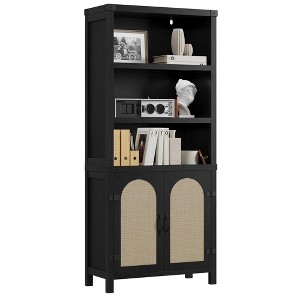 Farmhouse Bookshelves with Rattan Doors, 70" Tall Cutlery Shelves with Three Tiers of Open Storage, Floor Standing Display Shelves, Bookcases for Home - 1 of 4