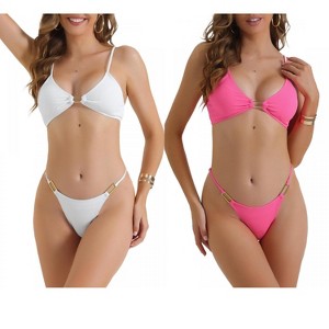 INSPIRE CHIC Women's Square Ring Adjustable Spaghetti Straps Triangle Bottoms Swimwear Bathing Bikini Suits 2 Sets - 1 of 4