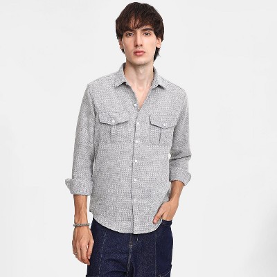 Campus Sutra Men Men's Ash Grey & Ivory White Basket-Weave Shirt