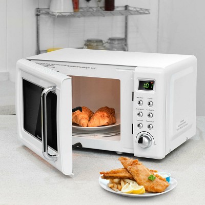 White Retro Compact Countertop Microwave Oven with Glass Turntable