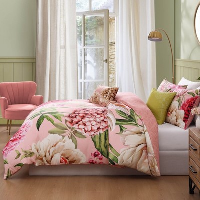 Queen Pink Cotton Reversible Floral Comforter Set