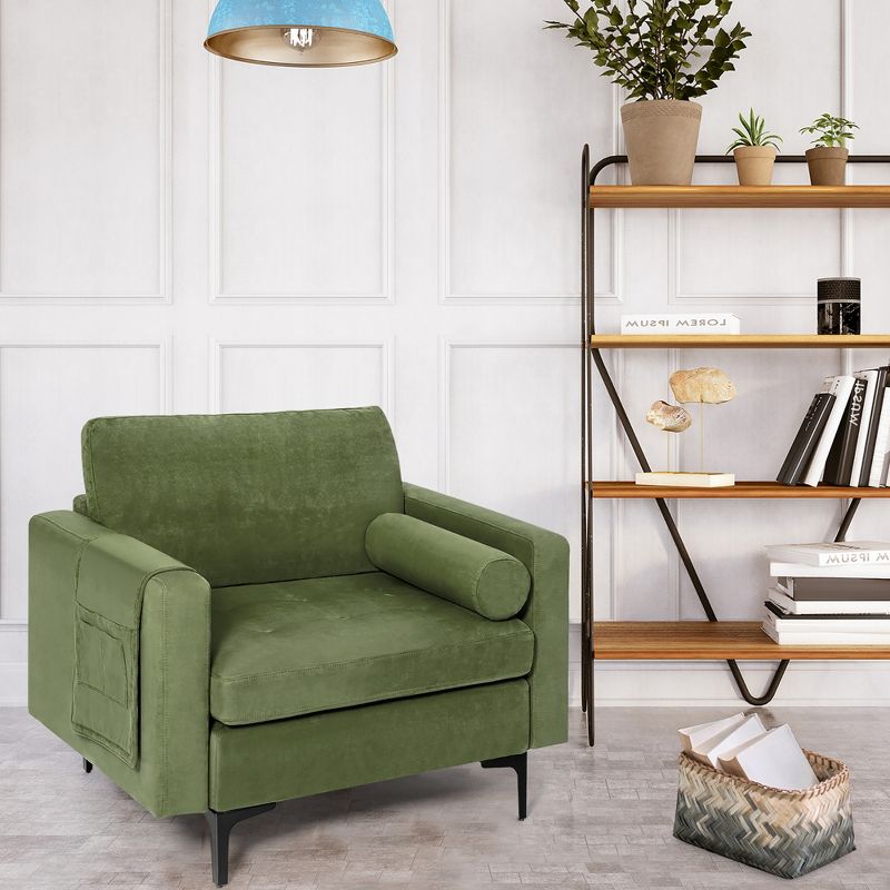 Costway Fabric Accent Armchair Single Sofa w/ Bolster & Side Storage Pocket Army Green, 3 of 10
