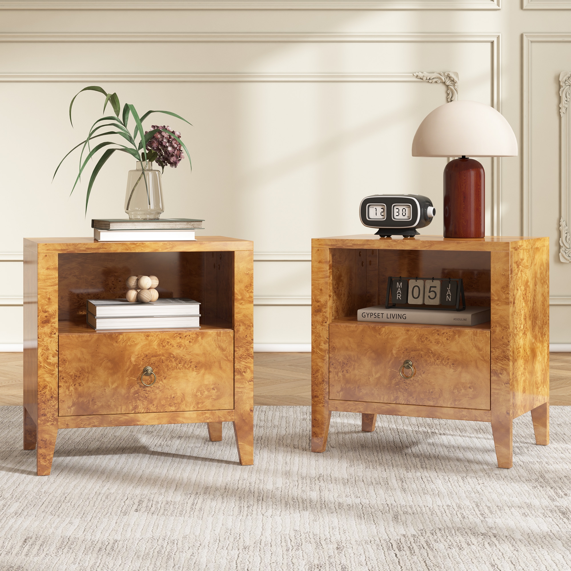 AMERLIFE Nightstand Set of 2 with Drawer and Open Shelf, Wood Bedside Table, Yellow