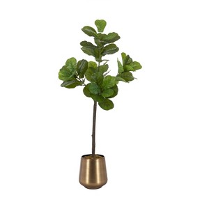 Kate and Laurel Fidmont Faux Fiddle Fig Tree with Portell Metal Planter Pot, 4 FT, Antique Brass - 1 of 4