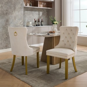 Gulches Milky White Tufted Dining Chairs Set of 2, High-End Velvet Upholstered Chairs with Nailhead Trim, Golden Solid Wood Legs & Adjustable Pegs - 1 of 4