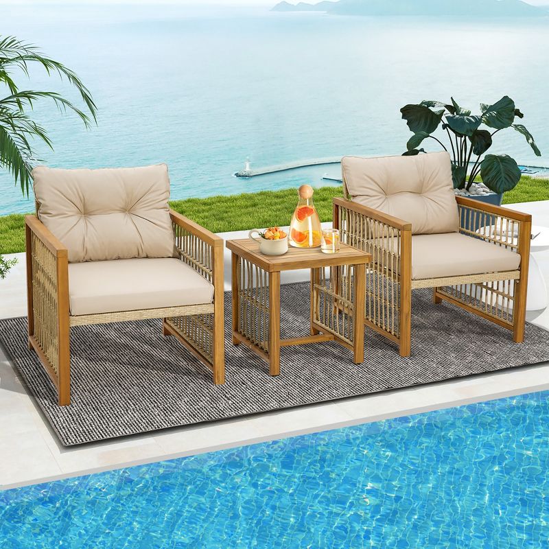 Tangkula 3PCS Patio Acacia Wood PE Wicker Furniture Set w/ Soft Seat & Back Cushions, 2 of 11