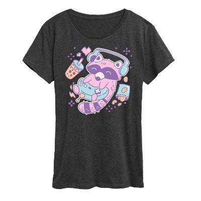 Women's - Instant Message - Kawaii Racoon Gamer Short Sleeve Graphic T-Shirt