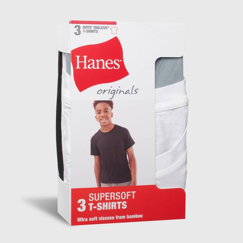Hanes Boys' 3pk SuperSoft Crew T-Undershirts - Black/White/Gray, 2 of 8