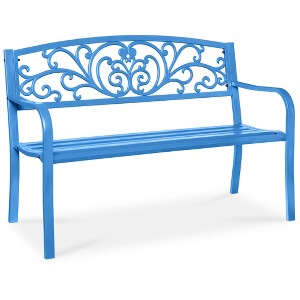 Best Choice Products Outdoor Steel Bench Garden Patio Porch Furniture w/ Floral Design Backrest - 1 of 4
