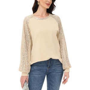 Anna-Kaci Women's Casual Sequin Ballon Long Sleeve Blouse Loose Round Neck Matching Top Party - 1 of 4