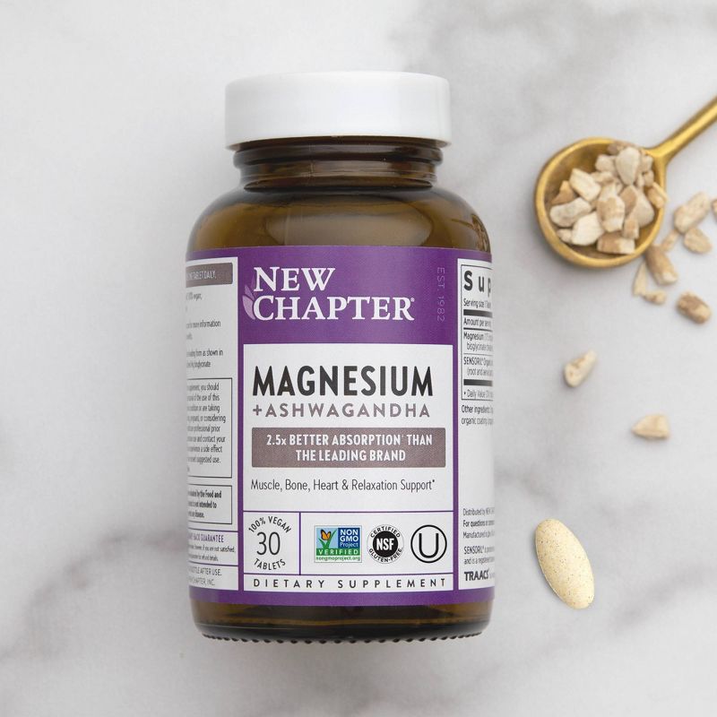 New Chapter Magnesium + Ashwagandha for Muscle &#38; Relaxation Support, 325 mg with Magnesium Glycinate, Non-GMO Vegan Tablets - 30 ct, 5 of 15