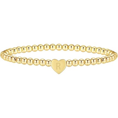 Gold Initial Beaded Bracelets for Women,14K Gold Plated Heart Letter Bracelets Handmade Ball Bead Bracelet