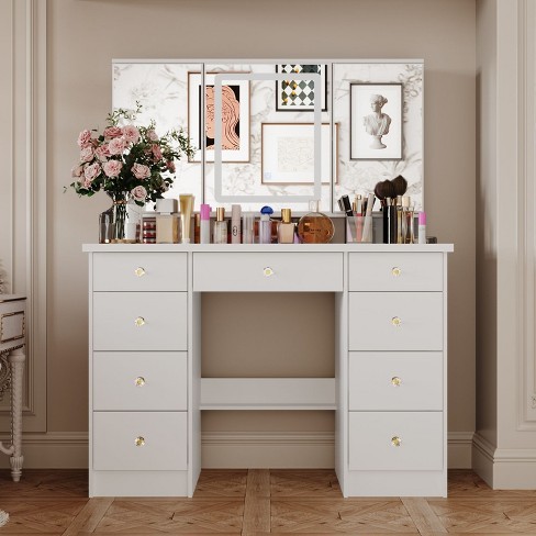 Famapy 43"W Large Vanity Table 9-Drawer Vanity Set with Crystal Pulls and Versatile Mirror Lighting - image 1 of 4