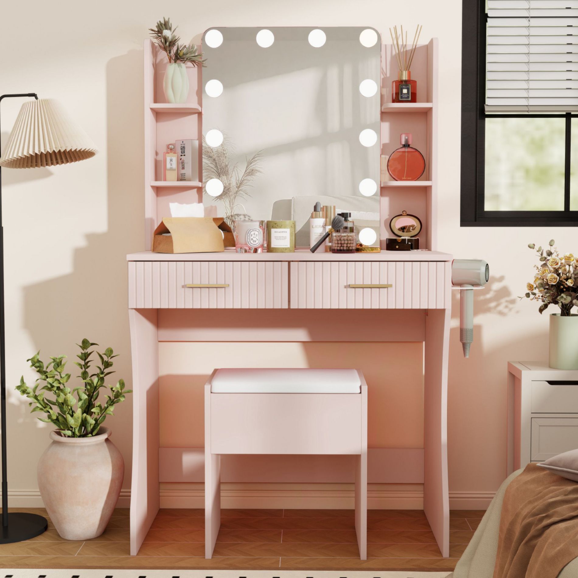Vanity Desk with LED Lighted Mirror and 3 Adjustable Lights, Makeup Vanity with Storage Stool, 2 Large Drawers and 4 Open Shelves, Pink