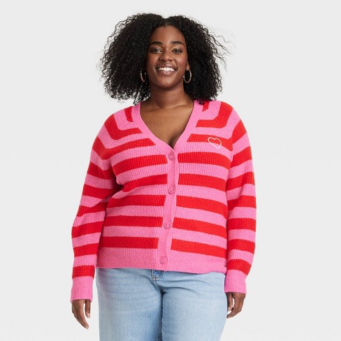 Women s Button down Cardigan A New Day Red pink Striped Xxl