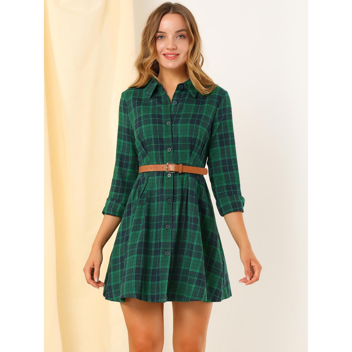 Женские платья INSPIRE CHIC Women's Plaid Long Sleeves A-Line Button Up Casual Shirt Dress Green Large — фото 3