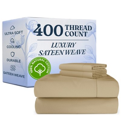 100% Cotton 400 Thread Count 4 Piece Sheet Set - Soft & Cozy Sateen Bed Sheets - CGK Linens