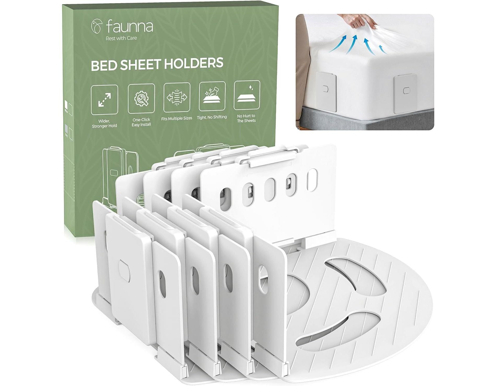 Faunna Bed Lock Sheet Holders, Upgrade Straps Keep Sheets Firm & Tight, Fitted Sheet Clips for Corners, Easy One-Time Installation, White