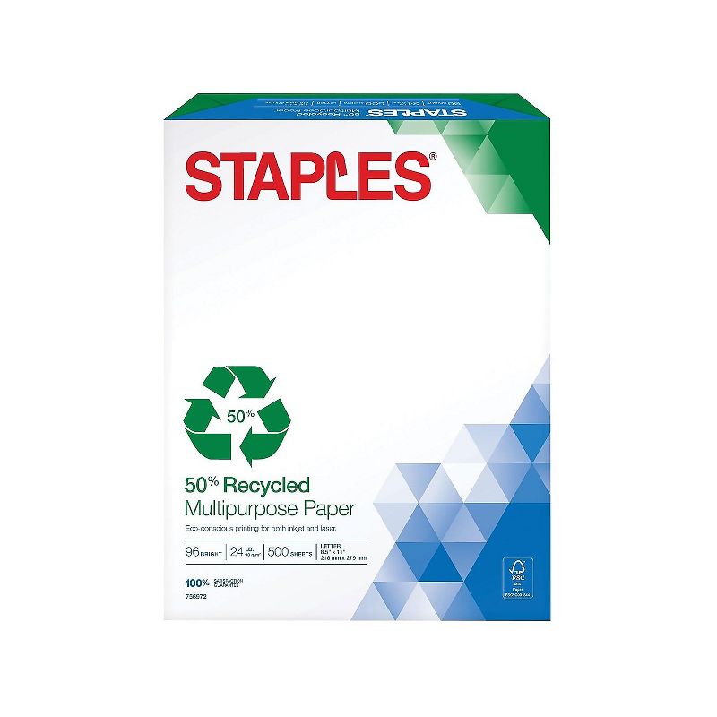 Staples 50% Recycled 8.5" x 11" Paper 24 lbs. 96 Brightness 500/RM 756972, 1 of 2
