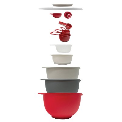 12-Piece Red and Gray Plastic Nested Mixing Bowls and Measuring Cups Set