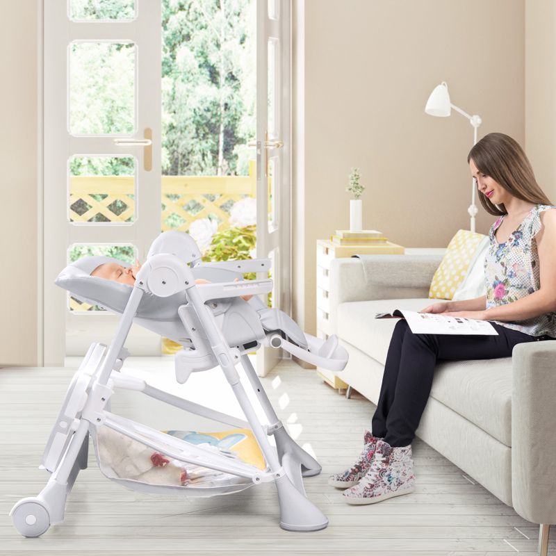 Infans Baby Convertible Folding Adjustable High Chair w/Wheel Tray Storage Basket Grey, 3 of 8