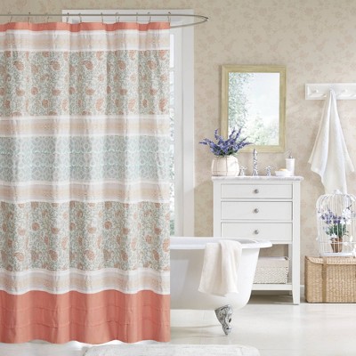 Stella Cotton Shower Curtain Coral: Madison Park, Paisley Percale, Machine Washable, Buttonhole Top