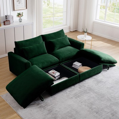 MYINDA  Sectional Sofa Comfy Corduroy Couch for Living Room, Deep Couches with 2 Storage Ottomans,Green