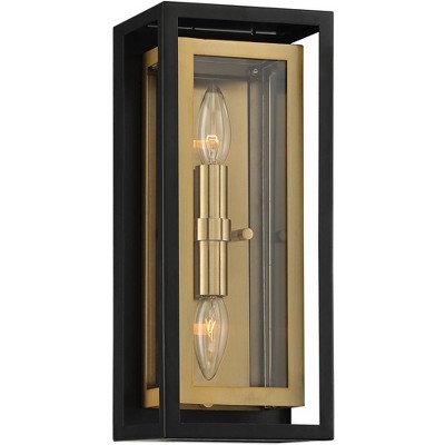 Possini Euro Design Modern Outdoor Wall Light Fixture Mixed Metal Black Brass 14" Double Box Clear Glass for Exterior House Porch