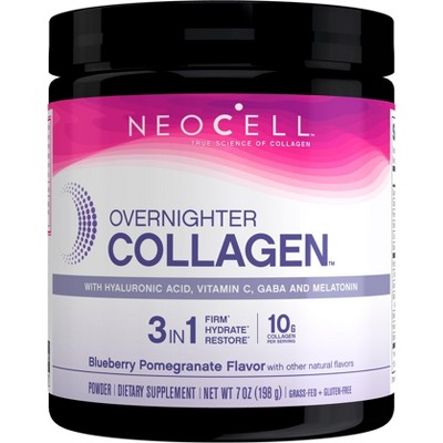Neocell Overnighter Collagen Powder with Hyaluronic Acid, Vitamin C, GABA and Melatonin, 3 in 1: Blueberry Pomegranate Flavor, 7 Ounces