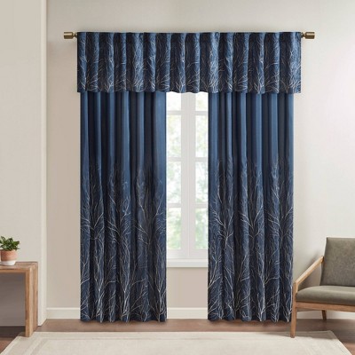 Navy Faux Silk Embroidered Sill Length Window Valance