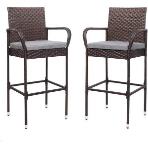 Outdoor Bar Stools Set of 2 with Cushions Wicker Bar Stools, Patio Bar Chairs Bar Height Patio Set for Garden Pool Lawn Backyard - 1 of 4
