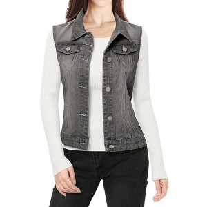 INSPIRE CHIC Women's Buttoned Washed Denim Vest with Faux Chest Flap Pockets - 1 of 3