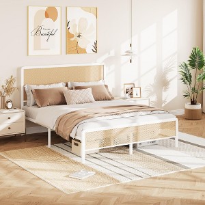 Full Size Bed Frame with Rattan Headboard, Modern Heavy Duty Bed Frame With Metal Slat Support, No Box Spring Needed & Easy Assembly, White - 1 of 4