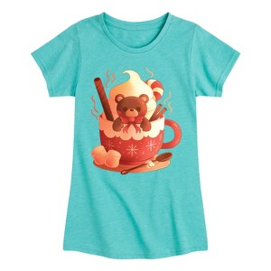 Girls' - Instant Message - Christmas Bear Cocoa Mug Fitted Short Sleeve Graphic T-Shirt - 1 of 4