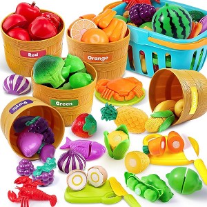 69Pcs Color Sorting Play Food Set - Learning Toys for Boys & Girls, Cutting Food Toy, Kitchen Accessories for Kids, Sorting /Fine Motor Skills Toy - 1 of 4