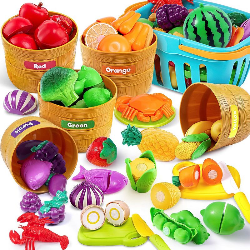 69Pcs Color Sorting Play Food Set - Learning Toys for Boys & Girls, Cutting Food Toy, Kitchen Accessories for Kids, Sorting /Fine Motor Skills Toy, 1 of 9