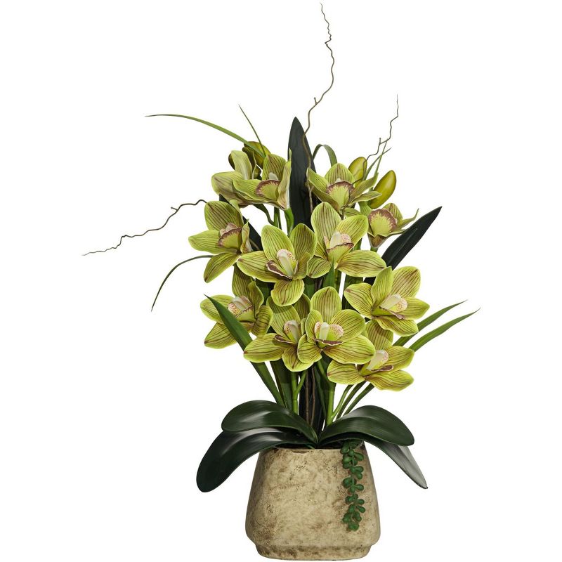 Dahlia Studios Potted Faux Artificial Flowers Realistic Green Cymbidium Orchid in Ceramic Pot Home Decoration Office 21 1/2" High, 1 of 6