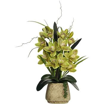Dahlia Studios Potted Faux Artificial Flowers Realistic Green Cymbidium Orchid in Ceramic Pot Home Decoration Office 21 1/2" High