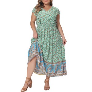 Agnes Orinda Women's Plus Size Floral V Neck Ruffle Sleeve Beach Casual Boho Maxi A Line Dresses - 1 of 4